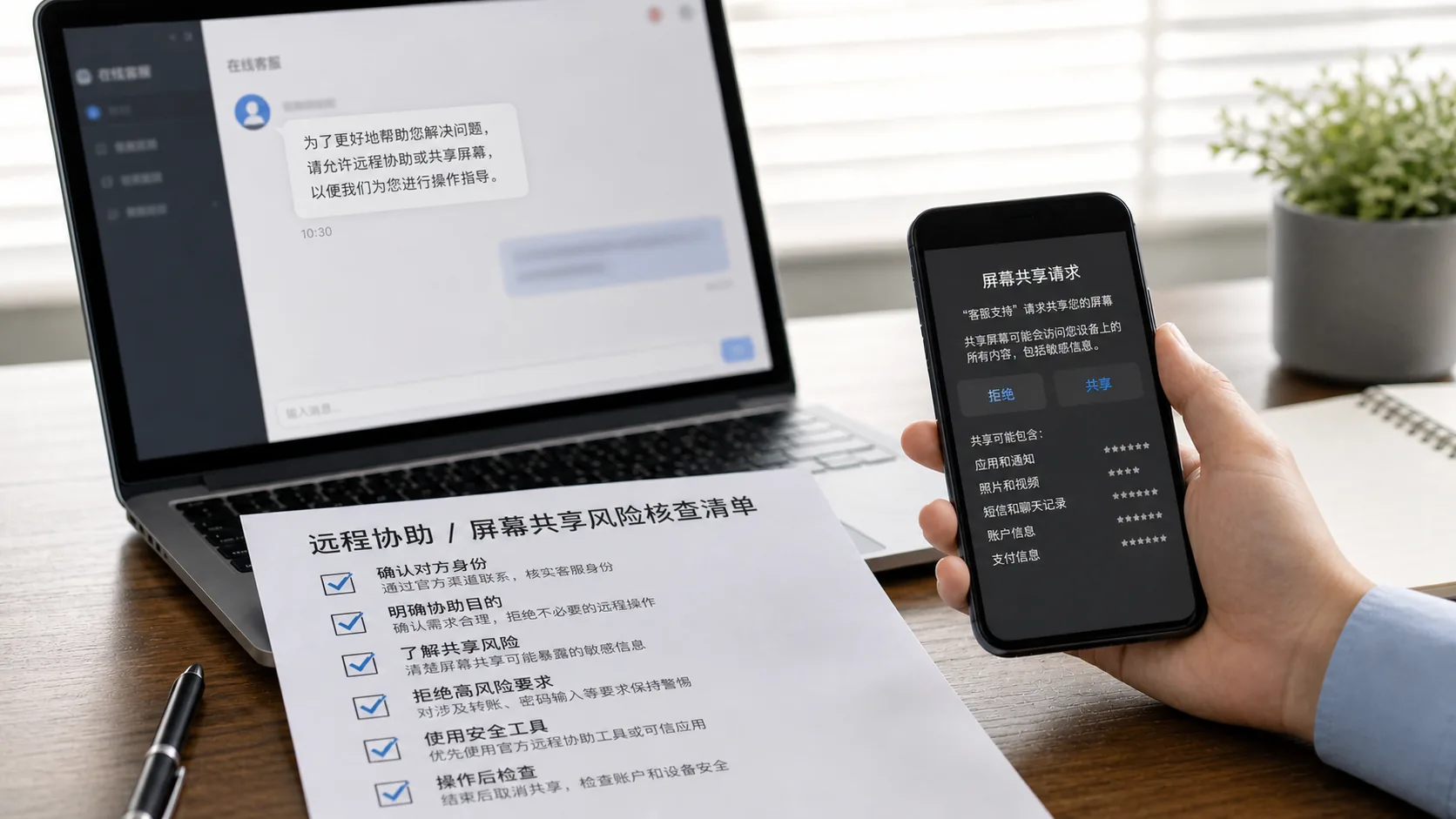 德扑圈客服远程协助与屏幕共享风险核验的现实风格原创配图