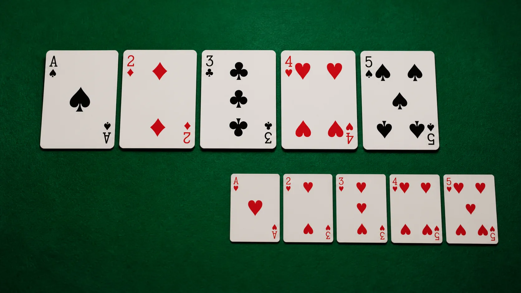 绿色桌面上的两组 A、2、3、4、5 教学牌:上方花色不同表示普通顺子,下方同为红桃表示同花顺。
